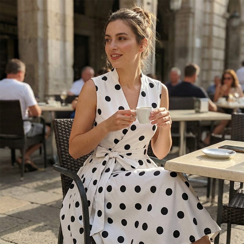 Abito da donna senza maniche con scollo a V e stampa a pois