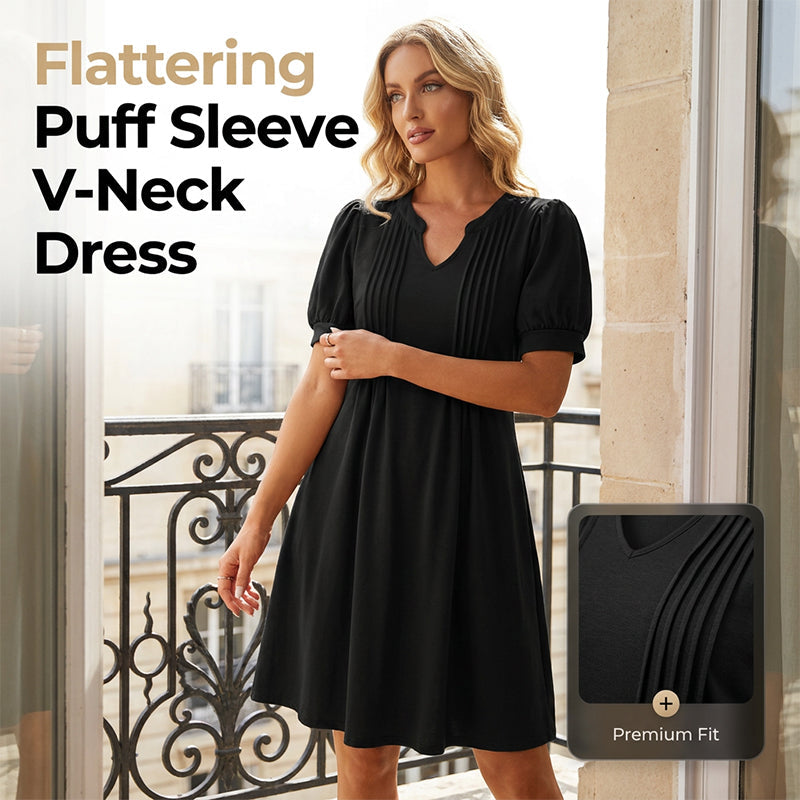 Vestido elegante con mangas abullonadas y escote en V para mujer