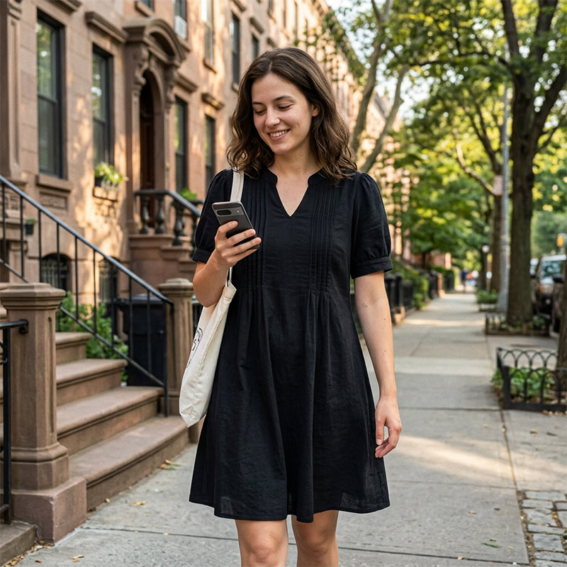 Vestido elegante con mangas abullonadas y escote en V para mujer