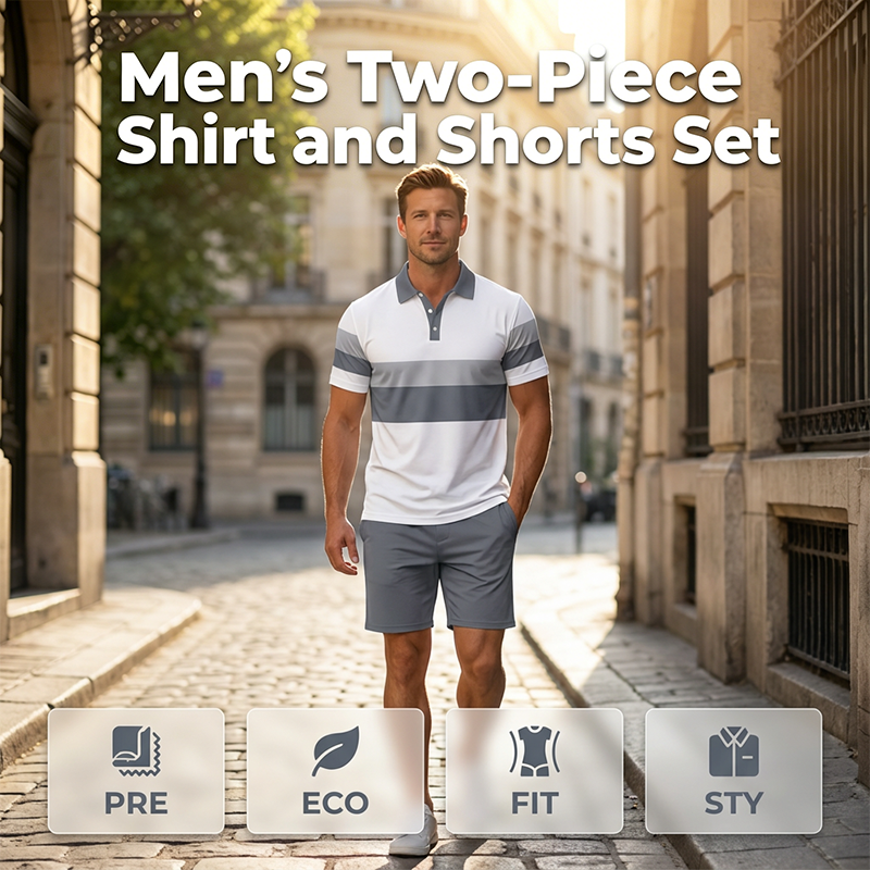 Completo da uomo composto da camicia e pantaloncini - stampa digitale, vestibilità sportiva, antipiega