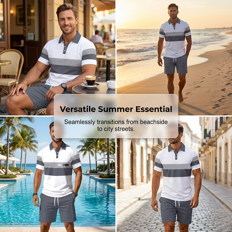 Completo da uomo composto da camicia e pantaloncini - stampa digitale, vestibilità sportiva, antipiega
