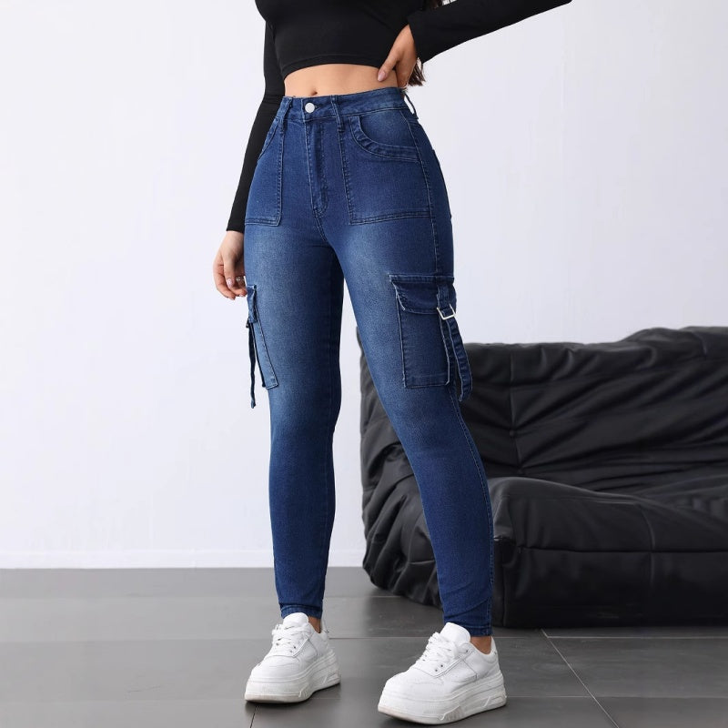 Jean cargo extensible taille haute pour femme