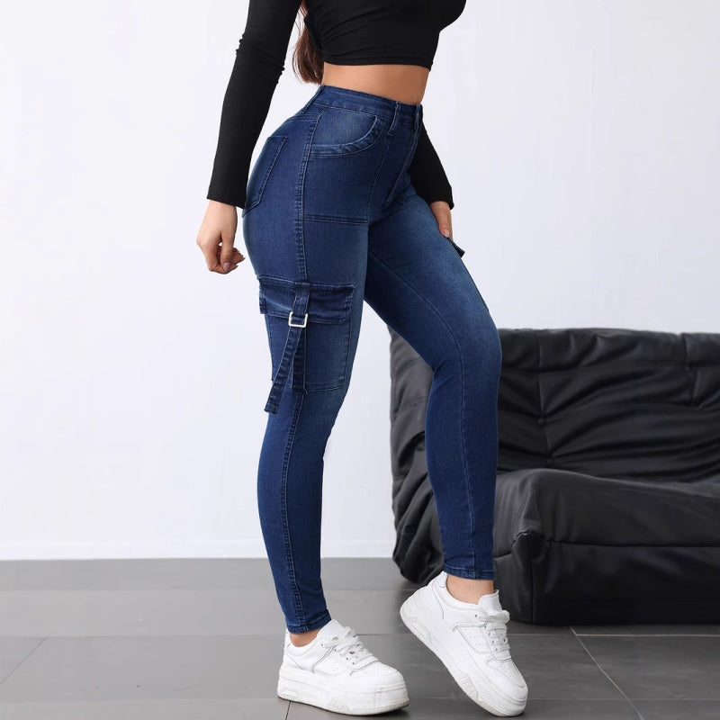 Jean cargo extensible taille haute pour femme