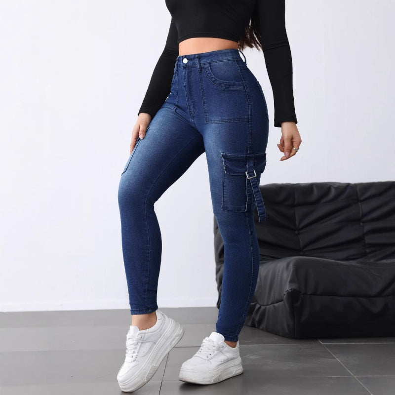 Jean cargo extensible taille haute pour femme