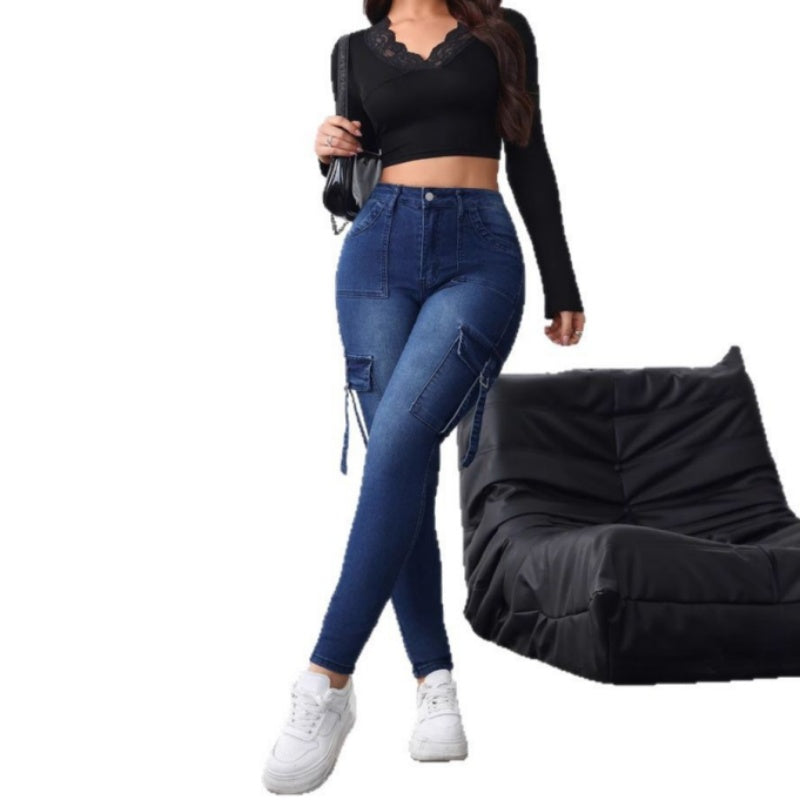 Jean cargo extensible taille haute pour femme