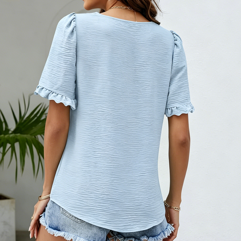 Top à manches courtes et volants, col carré, pour femme