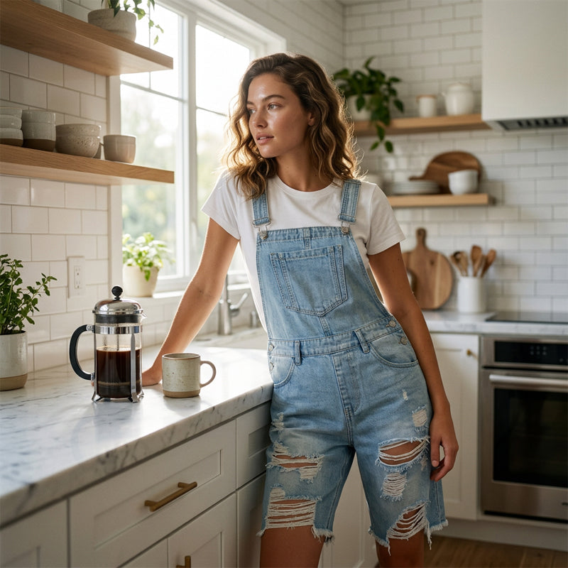 Damesoverallshorts van distressed denim