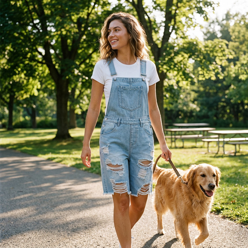 Damesoverallshorts van distressed denim