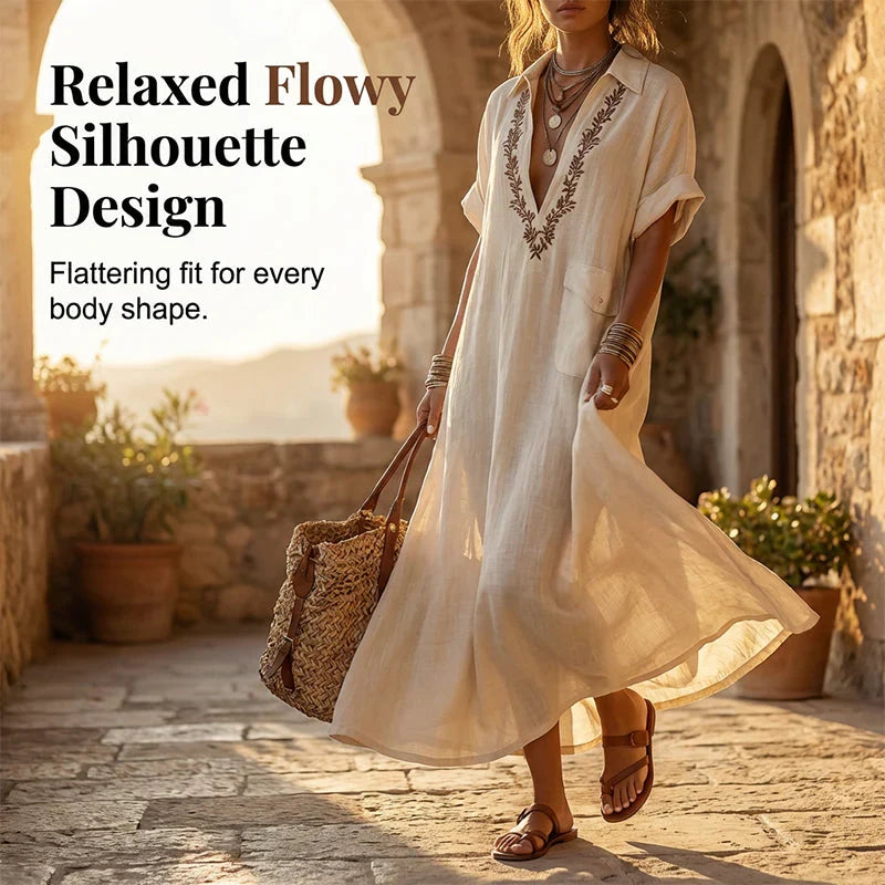 Women's Minimalist Linen Blend Embroidered Short-sleeved Shirt Maxi Dress