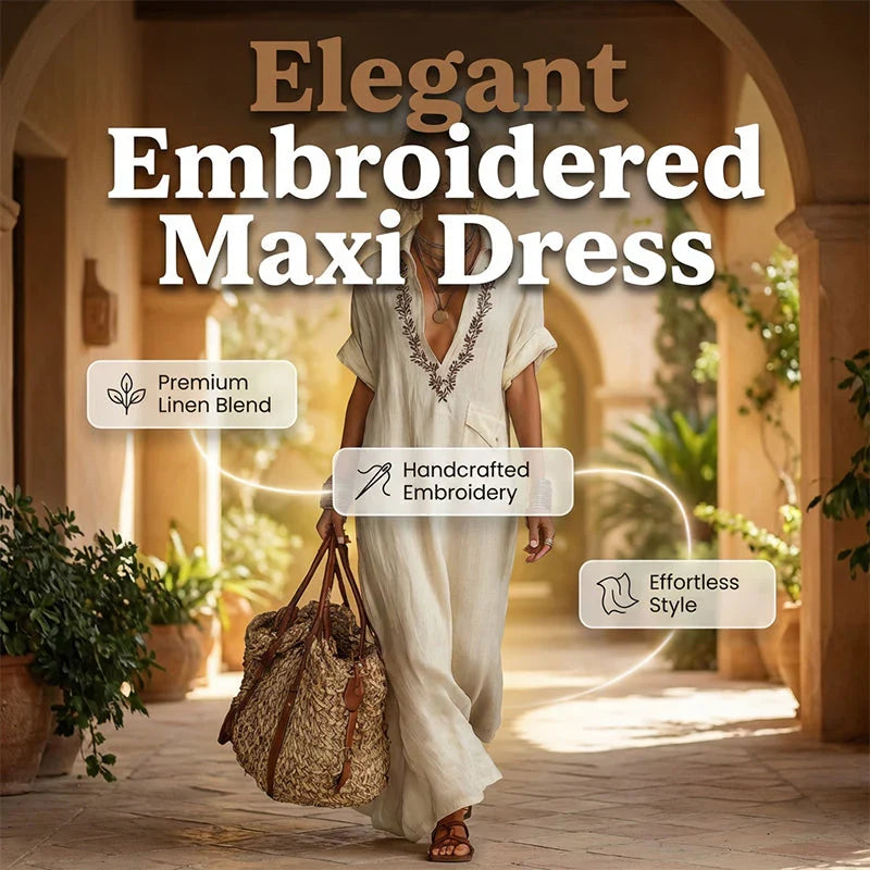Women's Minimalist Linen Blend Embroidered Short-sleeved Shirt Maxi Dress