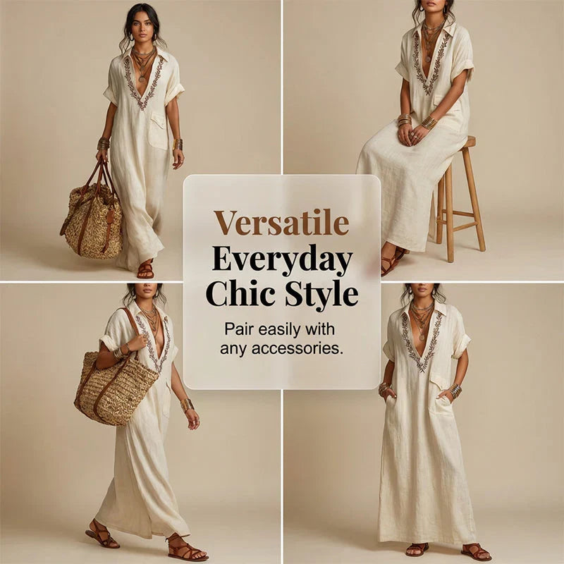 Women's Minimalist Linen Blend Embroidered Short-sleeved Shirt Maxi Dress