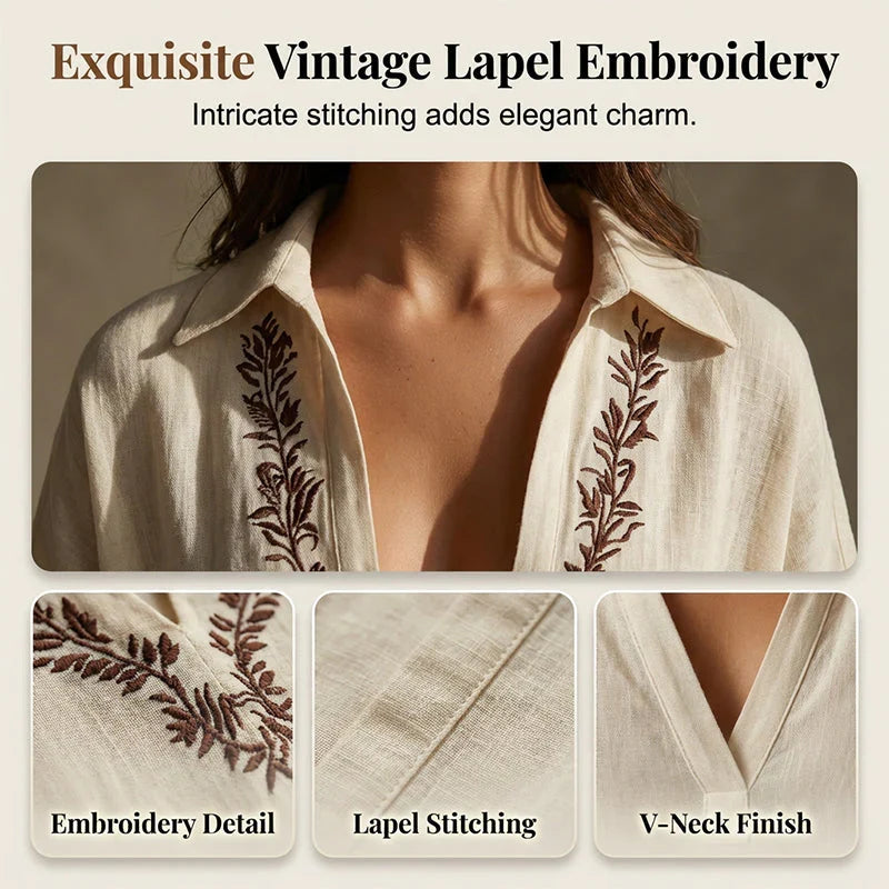 Women's Minimalist Linen Blend Embroidered Short-sleeved Shirt Maxi Dress