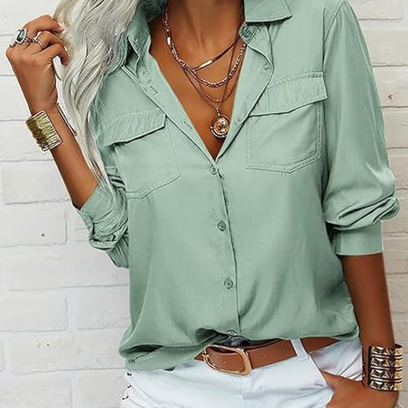 Chemise unie à manches longues, col à revers et boutonnage pour femme