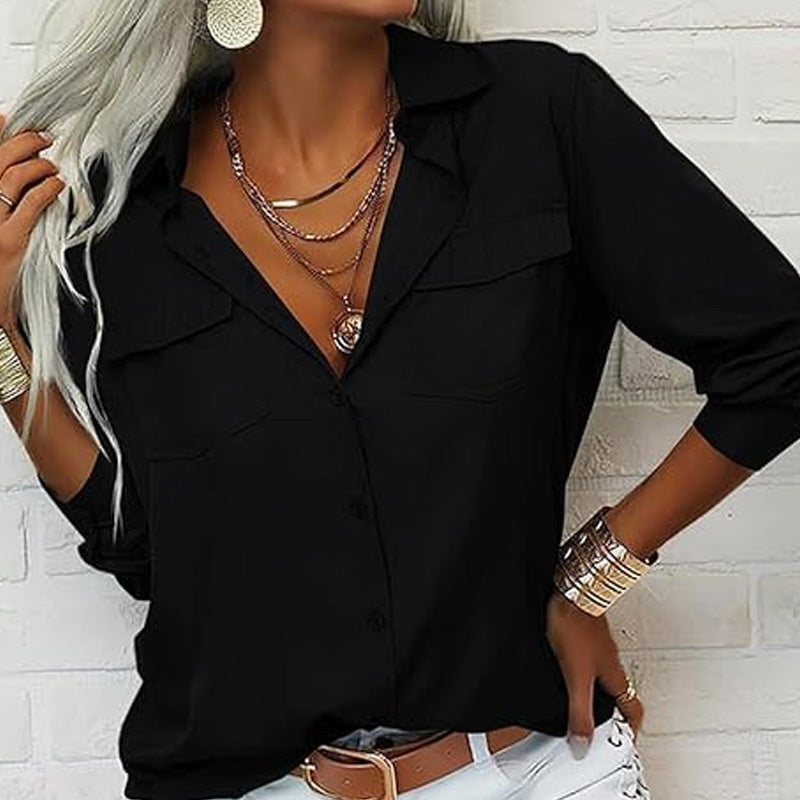 Chemise unie à manches longues, col à revers et boutonnage pour femme