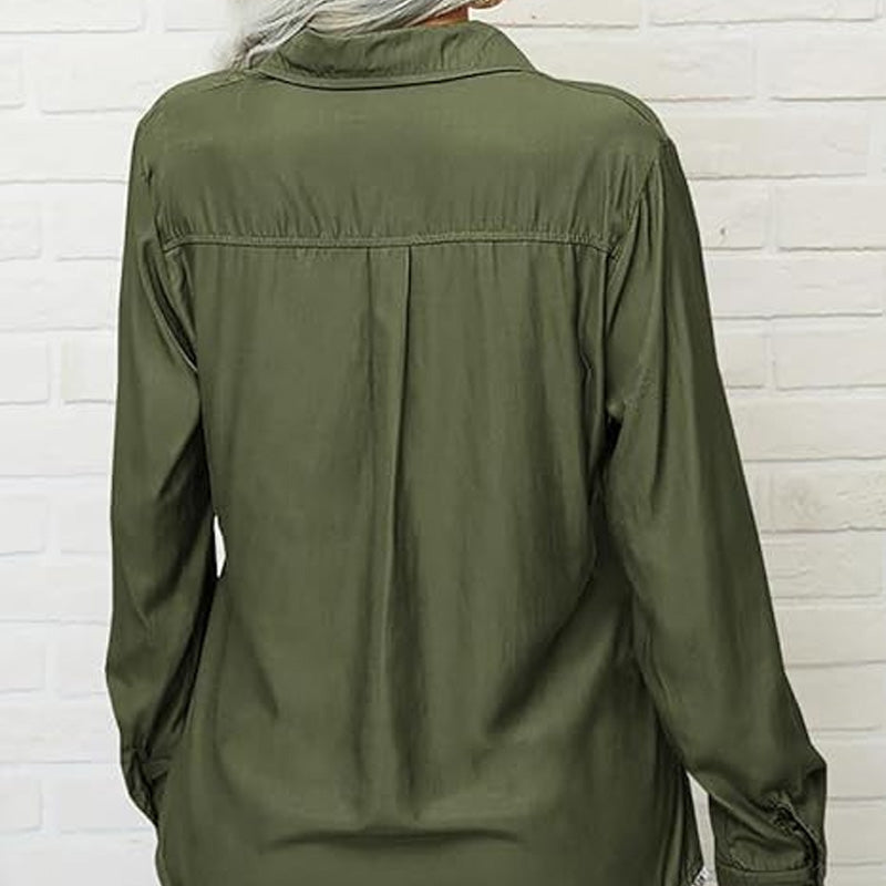 Chemise unie à manches longues, col à revers et boutonnage pour femme