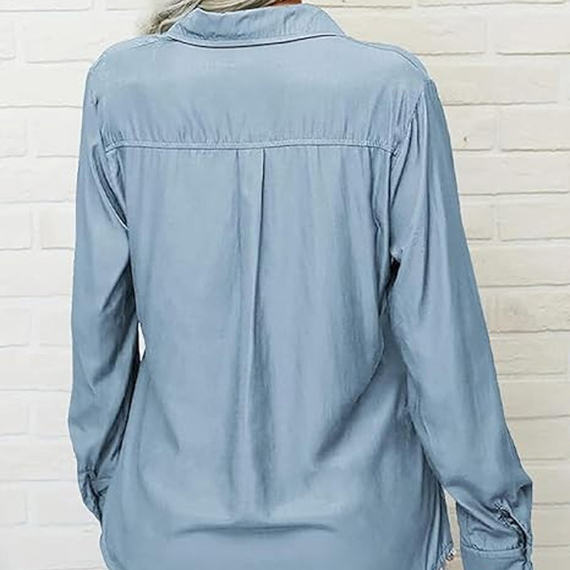 Chemise unie à manches longues, col à revers et boutonnage pour femme