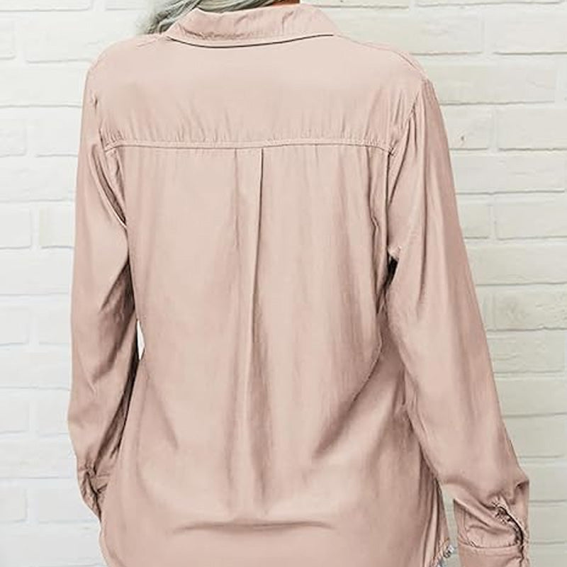 Chemise unie à manches longues, col à revers et boutonnage pour femme