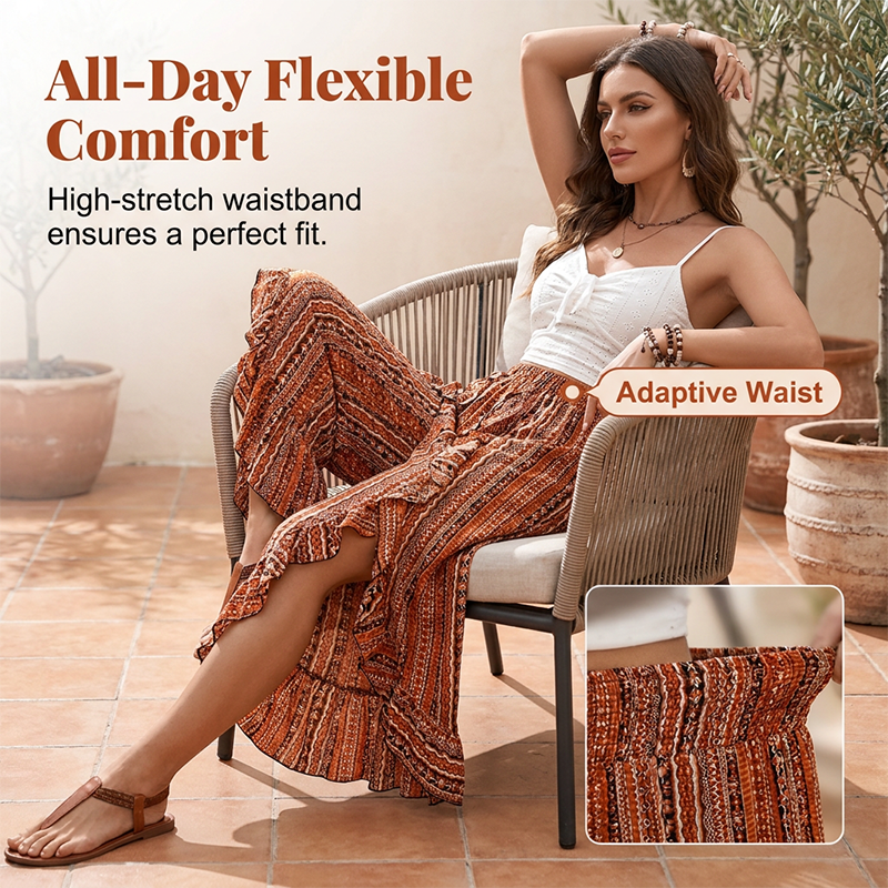 Women's Elastic Printed Ruffle Split 7/8 Pants