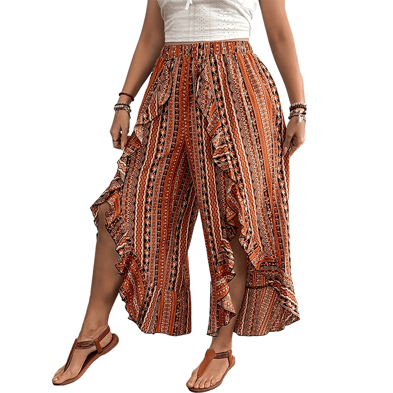 Women's Elastic Printed Ruffle Split 7/8 Pants
