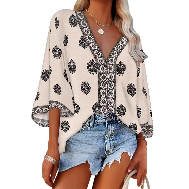 Blusa bohemia con estampado y cuello en V para mujer