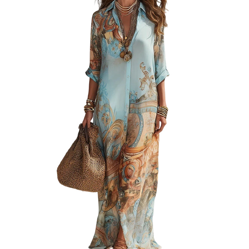 Maxi dress elegante da donna con stampa rétro