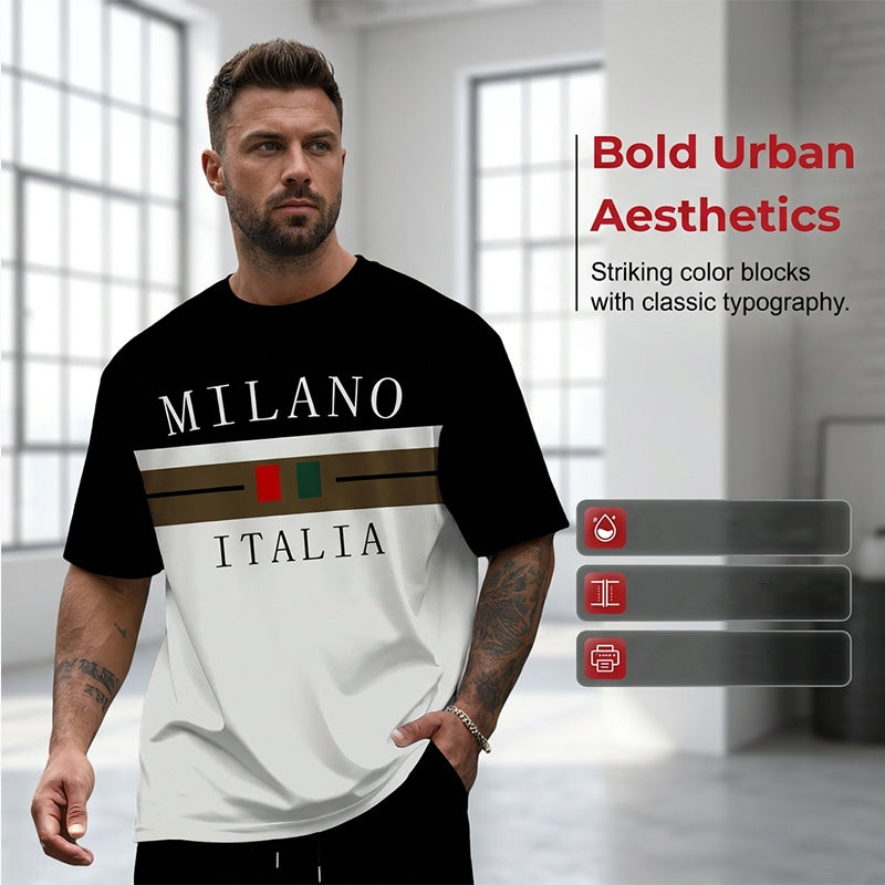 Completo da uomo con t-shirt stampata e pantaloncini