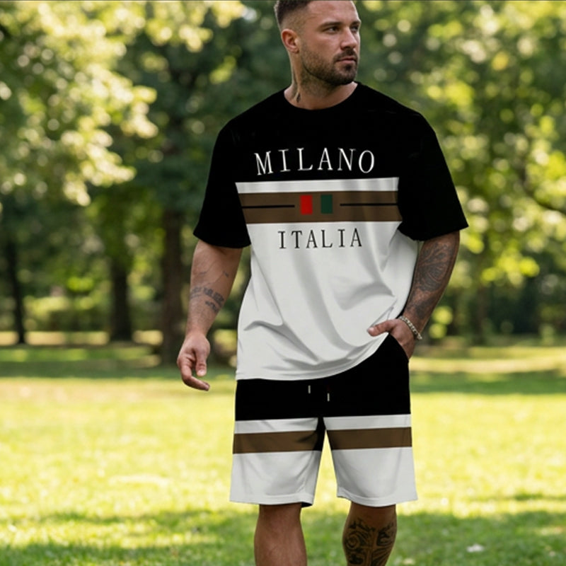 Completo da uomo con t-shirt stampata e pantaloncini