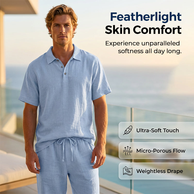 Casual herenset van linnenmix met overhemd en broek, losse pasvorm, strandkleding