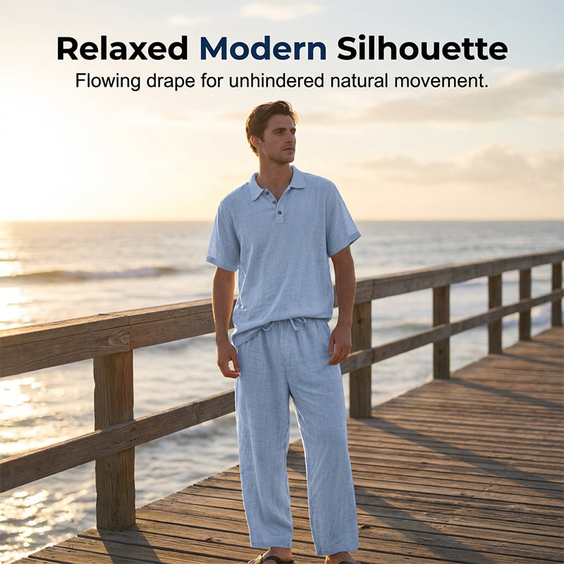 Casual herenset van linnenmix met overhemd en broek, losse pasvorm, strandkleding
