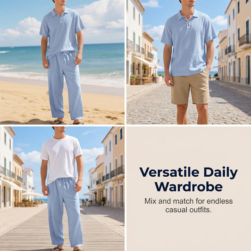 Casual herenset van linnenmix met overhemd en broek, losse pasvorm, strandkleding