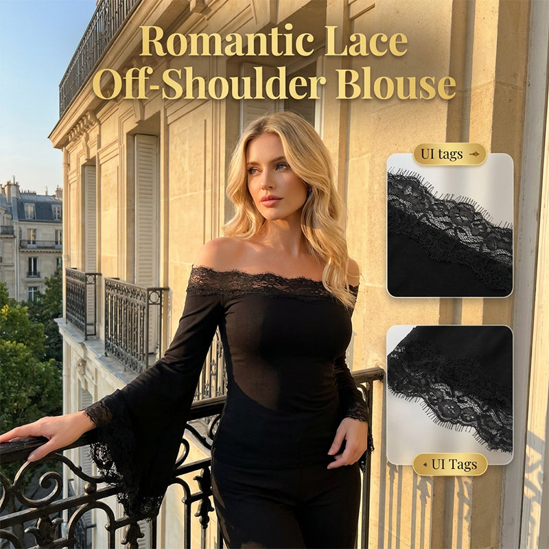 Women¡¯s Chic Black Slim Fit Off-Shoulder Flare Sleeve T-Shirt