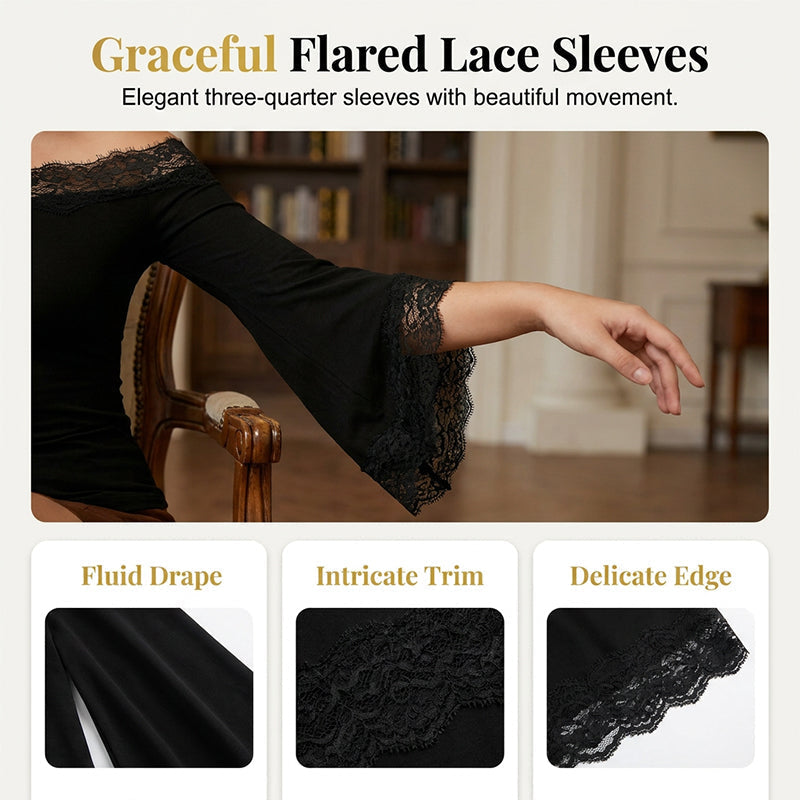 Women¡¯s Chic Black Slim Fit Off-Shoulder Flare Sleeve T-Shirt