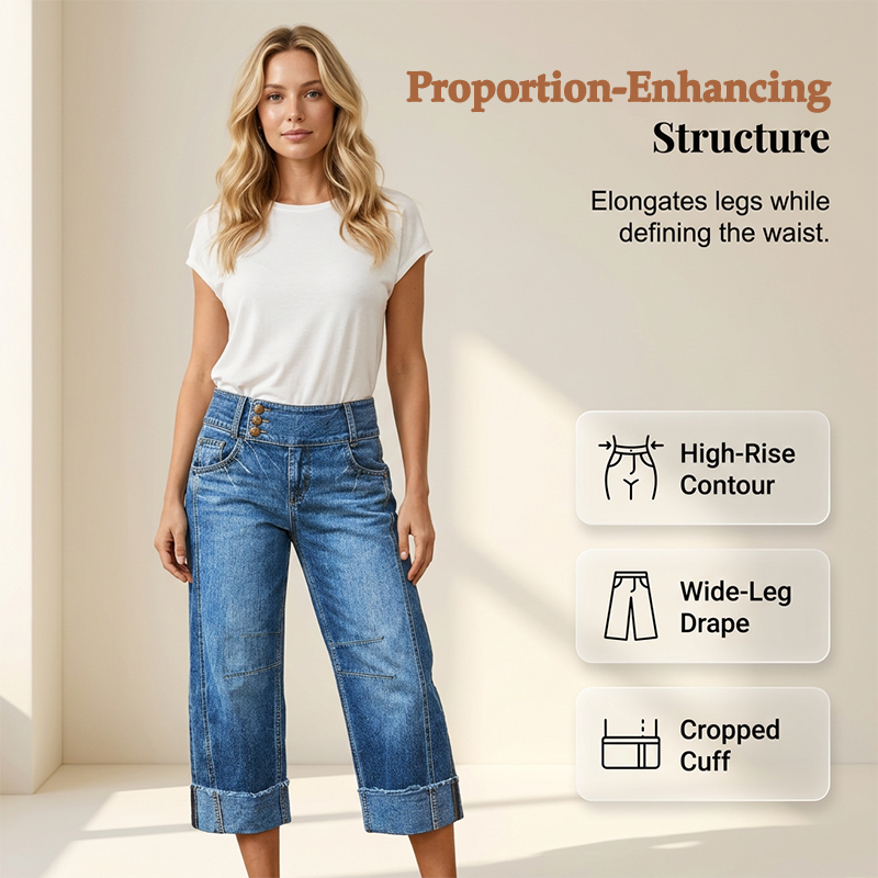Nieuwe damesjeans met wijde pijpen, cropped model, knopen en hoge taille