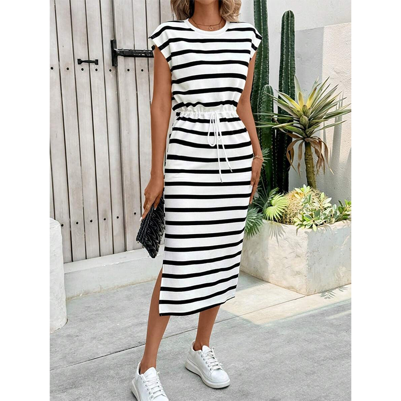 Abito midi a righe da donna con coulisse in vita e spacco