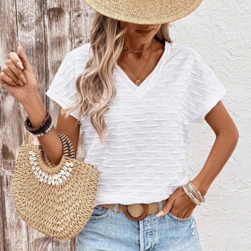 Top elegante de manga corta y cuello de pico para mujer