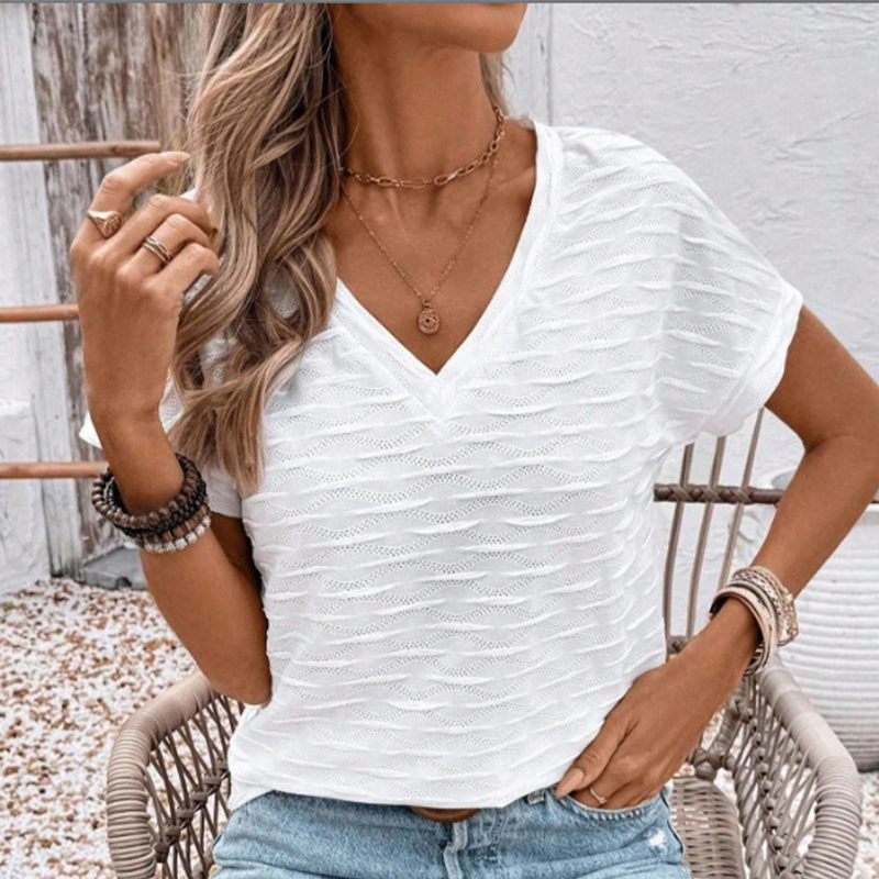 Top elegante de manga corta y cuello de pico para mujer