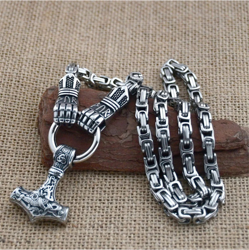 Viking Thor Hammer Pendant Necklace Stainless Steel Byzantine Chain