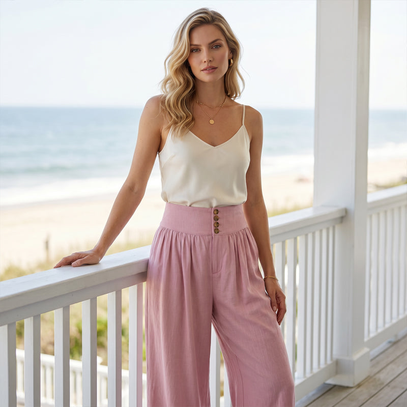 Pantalones de mujer de cintura alta, plisados y de pierna ancha