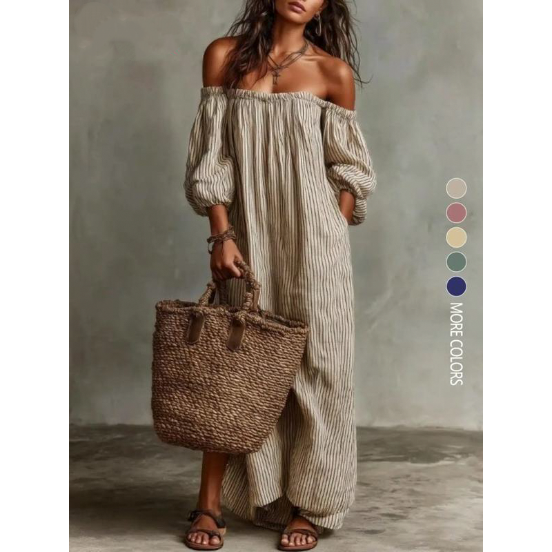 Vestido largo de mujer con hombros descubiertos y mangas farol