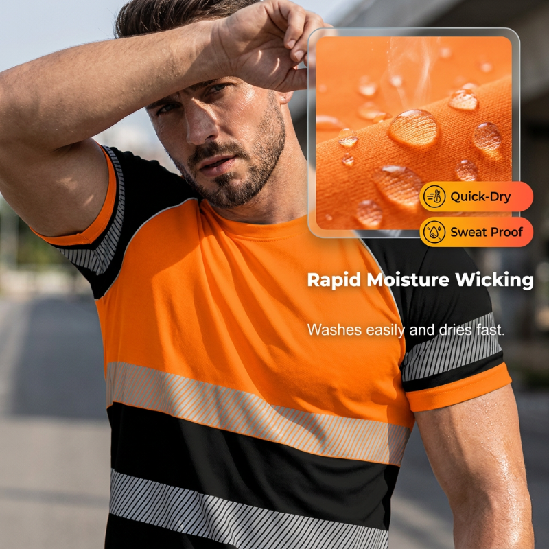 T-shirt de sport fluorescent à empiècements de couleur pour homme, haut de sécurité d’extérieur