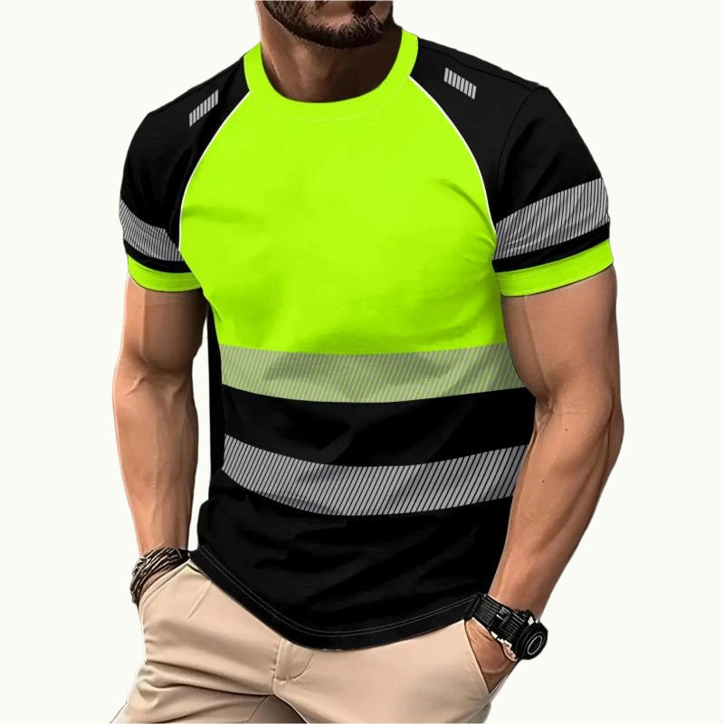 T-shirt de sport fluorescent à empiècements de couleur pour homme, haut de sécurité d’extérieur