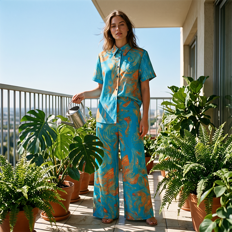 Women's Casual Short Sleeve Top & Pants Set ¨C Vibrant Print, Side Pockets, Soft Fabric