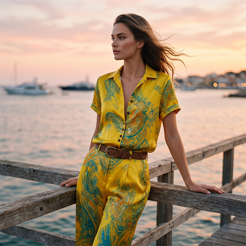 Women's Casual Short Sleeve Top & Pants Set ¨C Vibrant Print, Side Pockets, Soft Fabric