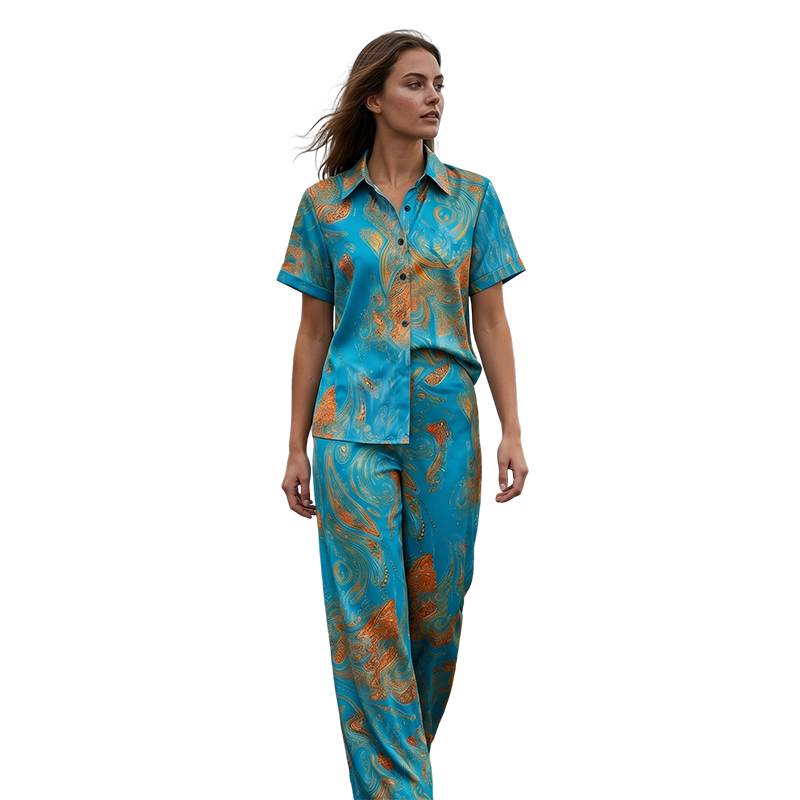 Women's Casual Short Sleeve Top & Pants Set ¨C Vibrant Print, Side Pockets, Soft Fabric