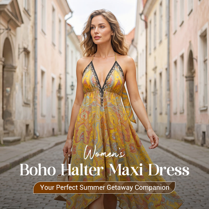 New Arrival Women's Boho Deep V Halter Maxi Dress