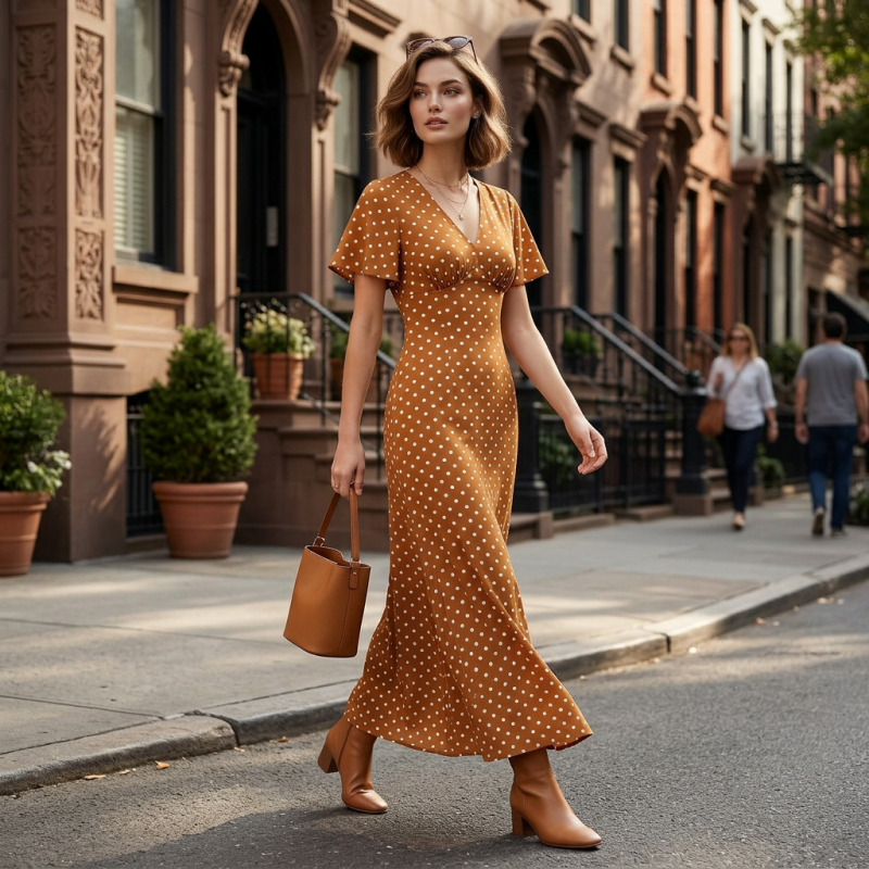 Abito maxi da donna con scollo a V e pois