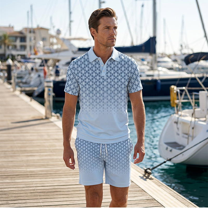 Men's Geometric Print Collared Top & Shorts Set