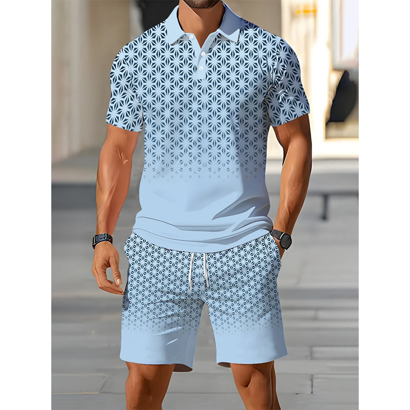 Men's Geometric Print Collared Top & Shorts Set