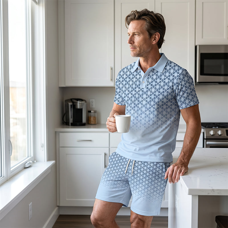 Men's Geometric Print Collared Top & Shorts Set