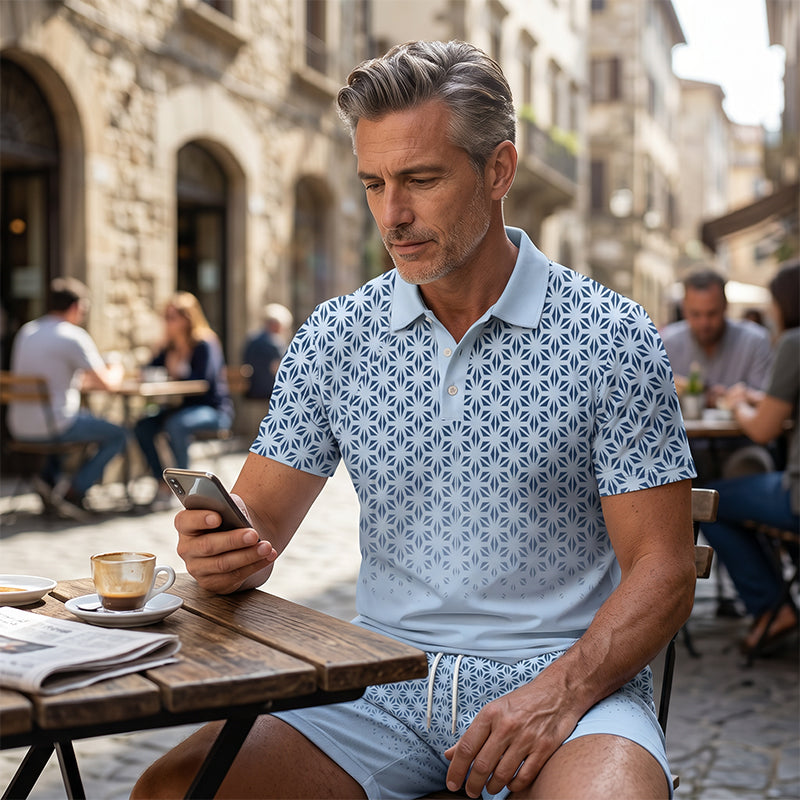 Men's Geometric Print Collared Top & Shorts Set